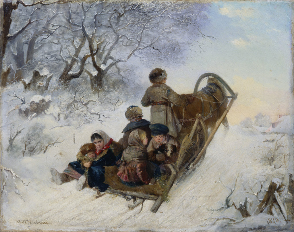 Detail of Children on a horse drawn sleigh by Anonymous