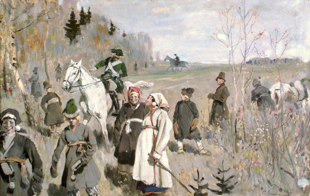 Detail of Hunting at the time of the tsar Peter The Great, 1907 by Sergei Arsenyevich Vinogradov