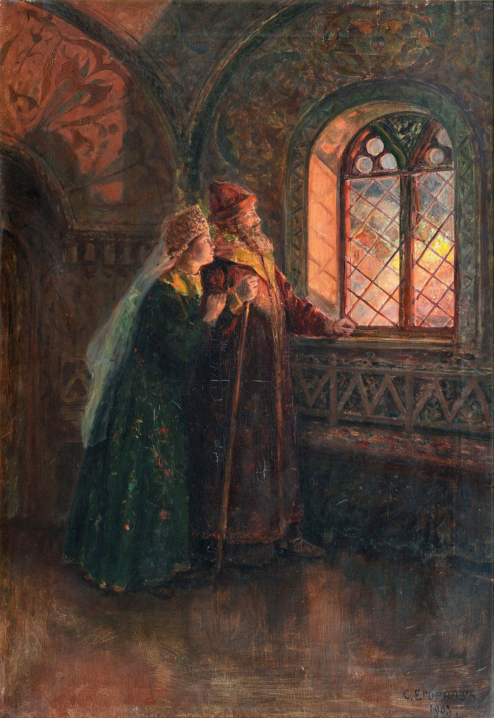 Tsar Alexei Mikhailovich and Maria Miloslavskaya during the Fire of Moscow, 1903 by Sergei Semyonovich Yegornov