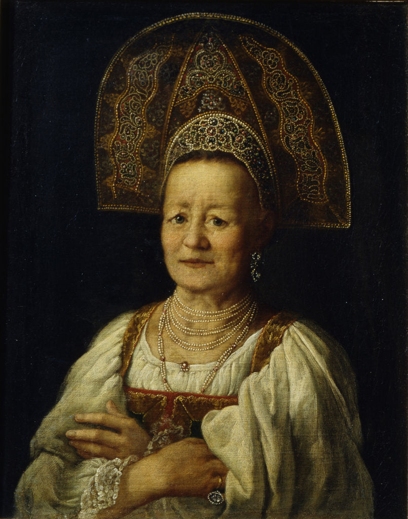 Detail of Portrait of a Merchant Woman in Kokoshnik, 1796 by Petro Semyonovich Drozhdin