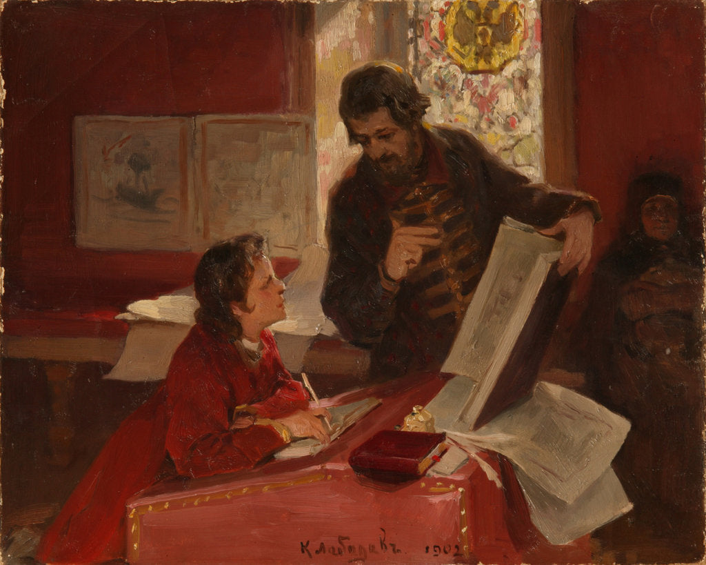 Detail of Nikita Zotov teaches young Peter I, 1902 by Klavdi Vasilyevich Lebedev