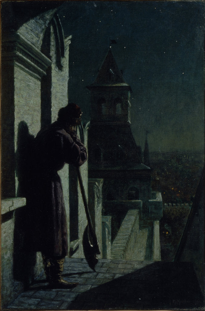 Detail of Strelets on the Moscow Kremlin tower at Moonlit Night, 1890s by Nikolai Sergeyevich Matveyev