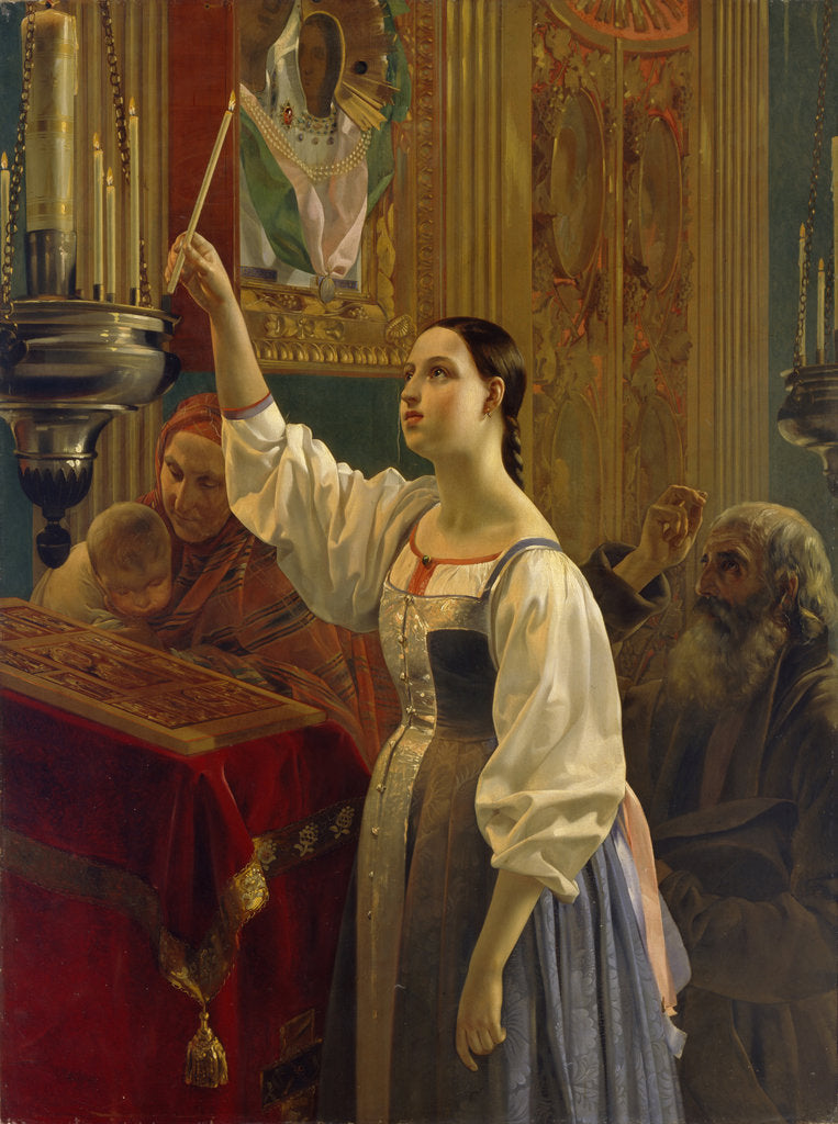 Detail of A girl placed a candle before the icon, 1842 by Grigori Karpovich Mikhaylov