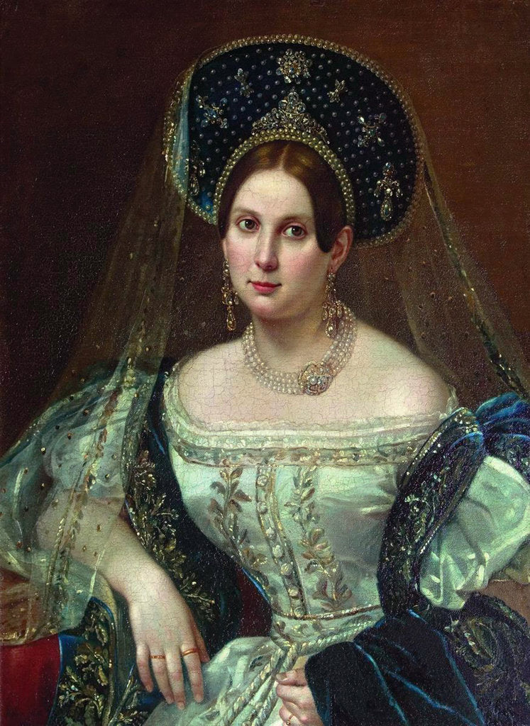 Detail of Portrait of a woman in the Russian court dress, ca 1835 by Pimen Nikitich Orlov