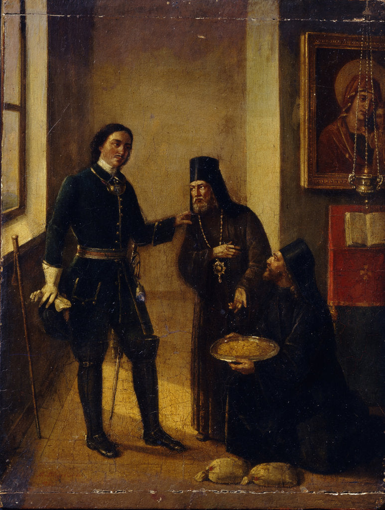 Detail of Bishop Mitrophan of Voronezh donating to Peter I for the Azov fleet construction on 1696, 1857 by Mikhail Ivanovich Terebenev