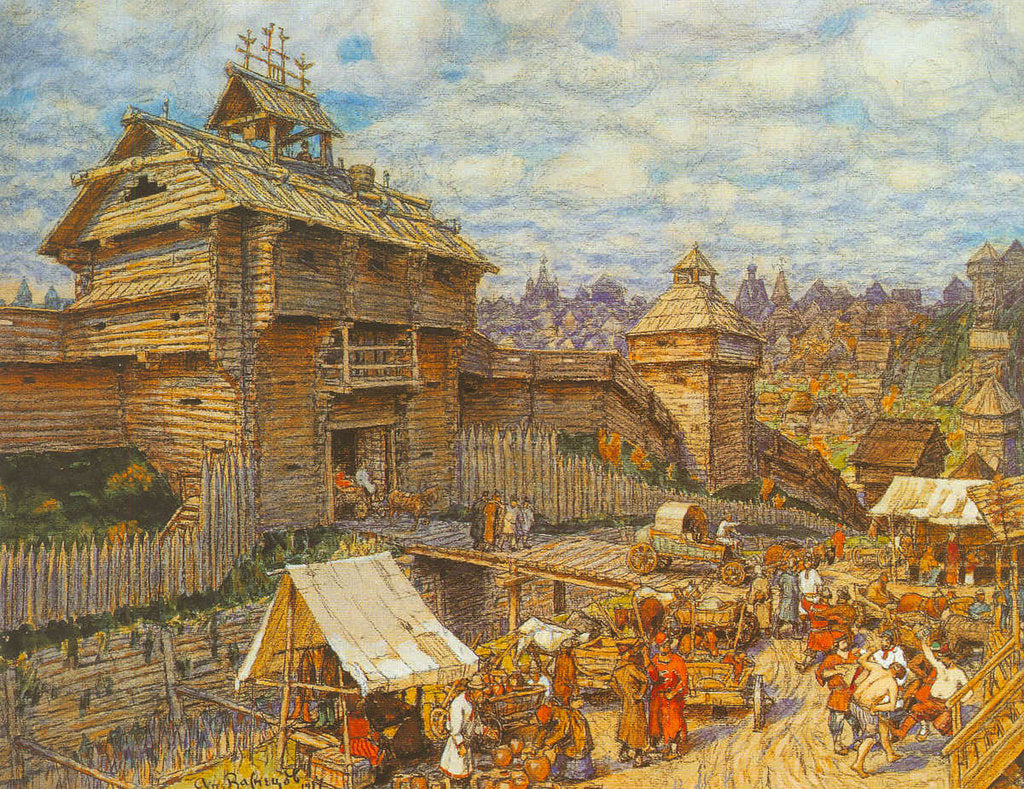 Detail of Wooden City of Moscow in the 14th century by Appolinari Mikhaylovich Vasnetsov
