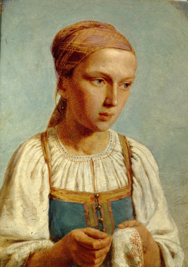 Detail of Embroidery Country Girl, 1843 by Alexei Gavrilovich Venetsianov