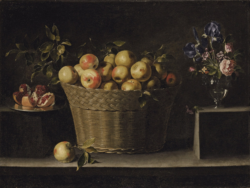 Detail of Apples in a wicker basket, an pomegranate on a silver plate and flowers in a glass vase by Juan de Zurbarán