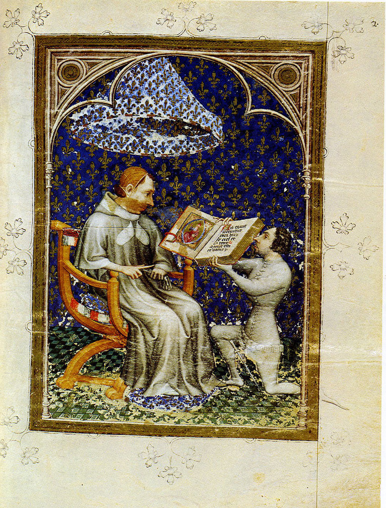 Detail of Jean de Vaudetar presents his gift of a book to Charles V of France. by Jan Bondol