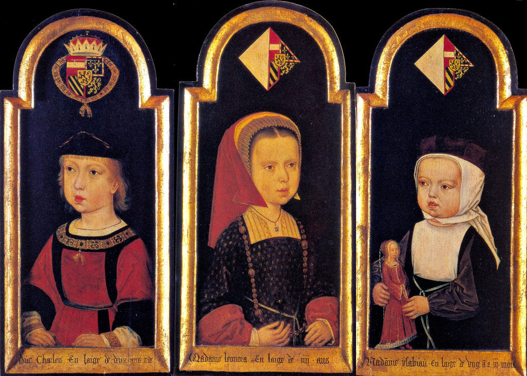 Detail of Archduke Charles, the later Holy Roman Emperor Charles V., with his sisters Eleanor and Isabella at the age of 2 years, 1502 by Master of St.Georgsgilde