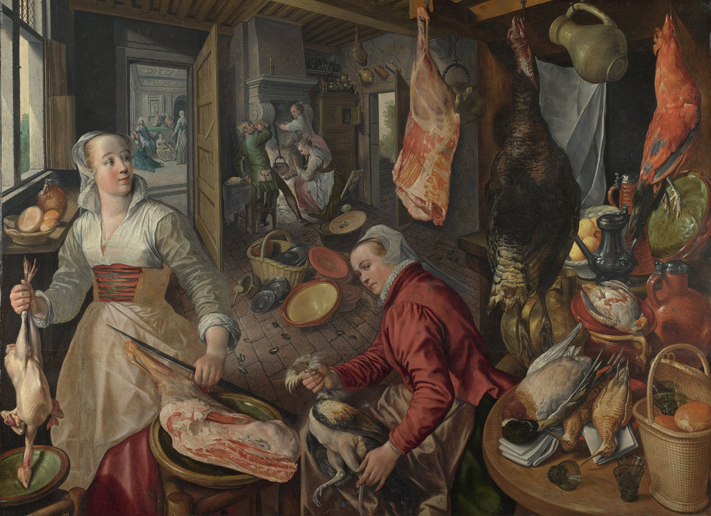 Detail of The Four Elements: Fire. A Kitchen Scene with Christ in the House of Martha and Mary in the Background, 1569 by Joachim Beuckelaer
