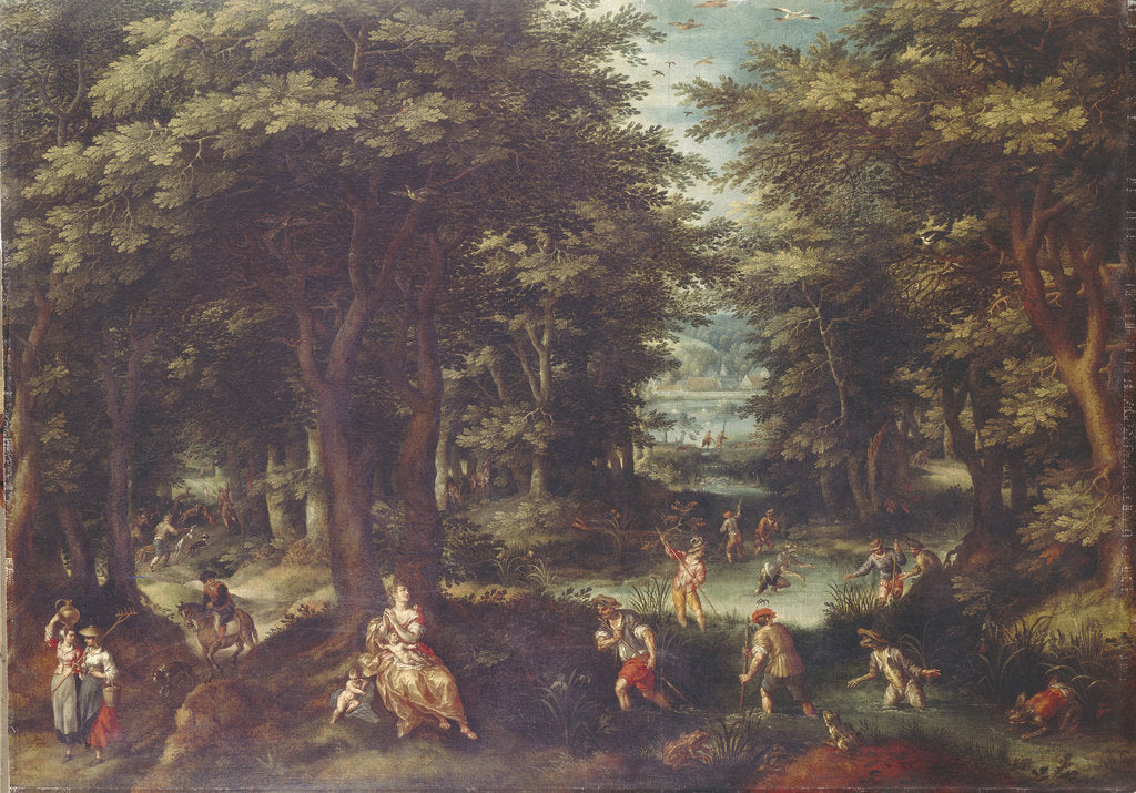 Detail of Landscape with Leto and Peasants of Lykia by Gillis van Coninxloo