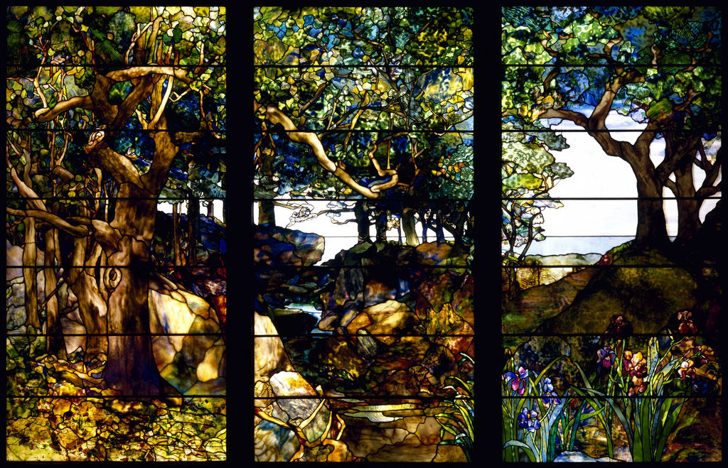 Detail of A Wooded Landscape in Three Panels, c. 1905 by Louis Comfort Tiffany
