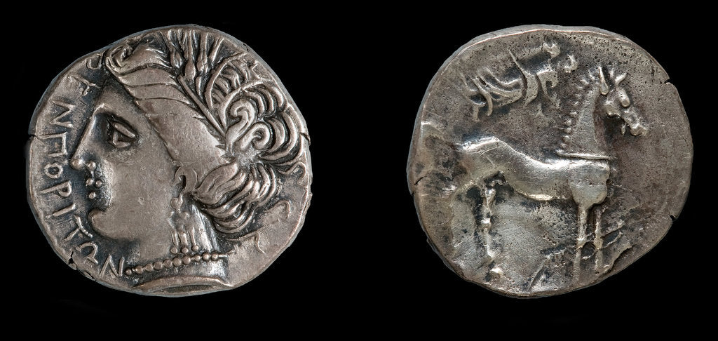 Detail of Drachma from Emporion. Obverse: Head of Persephone, 3rd cen. BC by Ancient Coins Numismatic