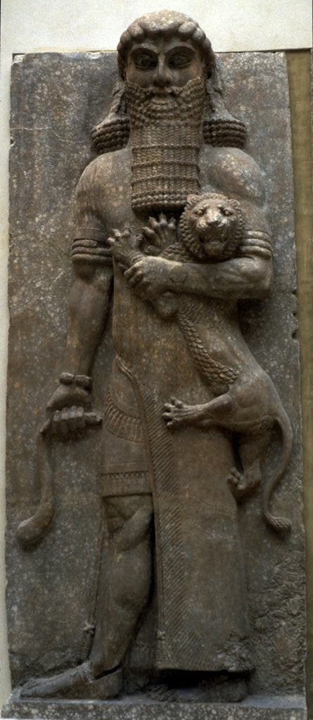 Detail of Hero Gilgamesh mastering a lion, 722-705 BC by Assyrian Art