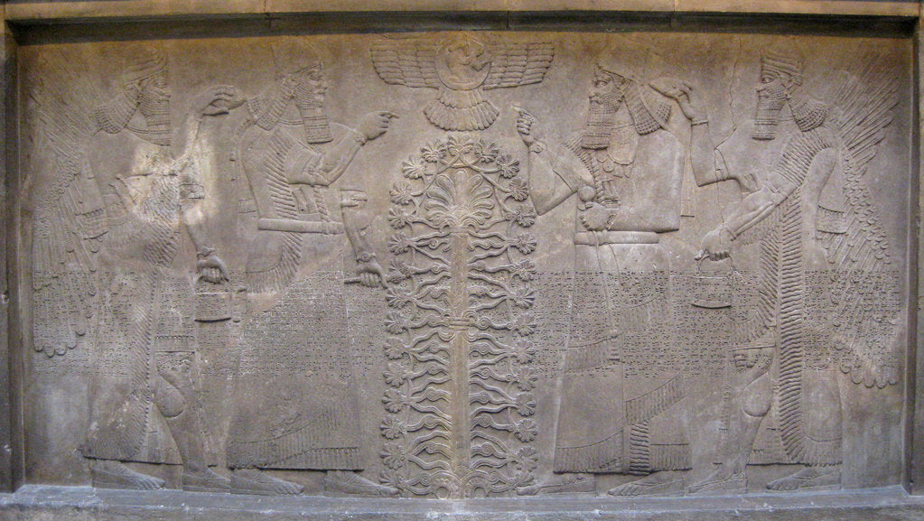 Detail of Relief with two figures of Ashurnasirpal, winged mythological beings and the god Ashur, before the Tree of Life, 885-860 BC by Assyrian Art
