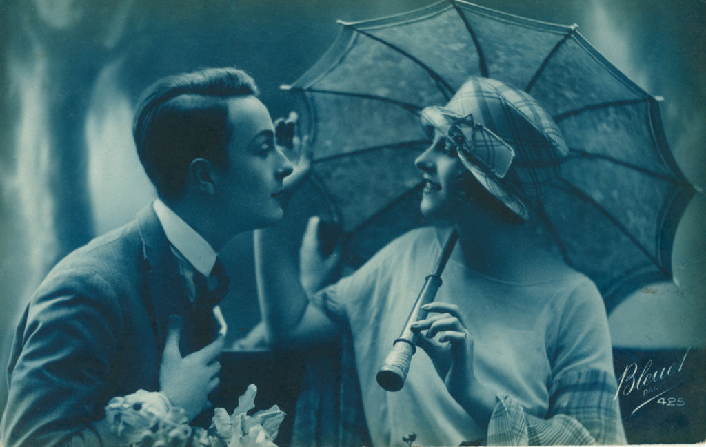 Detail of Postcard of romantic vintage couple, in blue by Anonymous