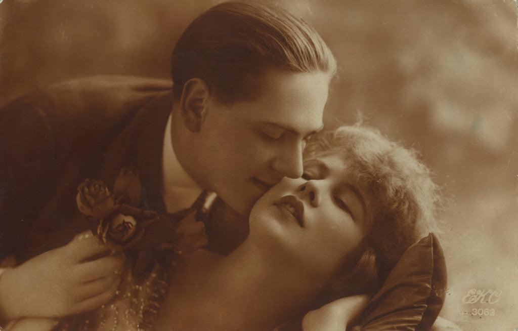 Detail of Postcard of romantic vintage couple, in sepia by Anonymous