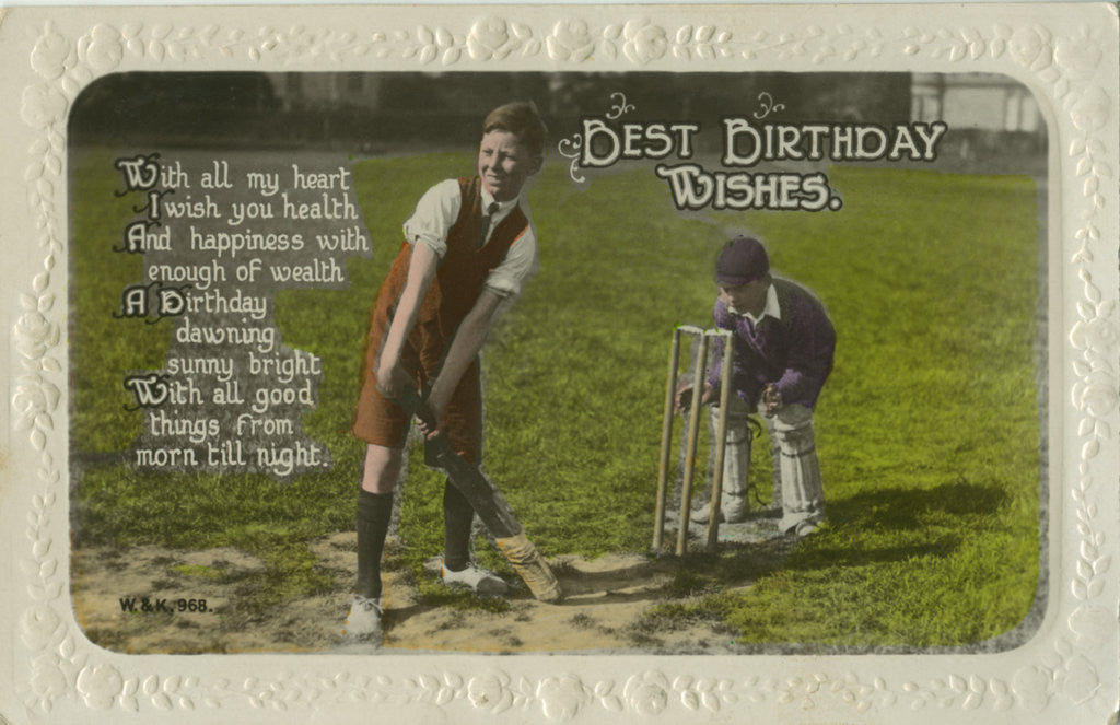 Detail of Birthday card featuring two boys playing cricket by Anonymous