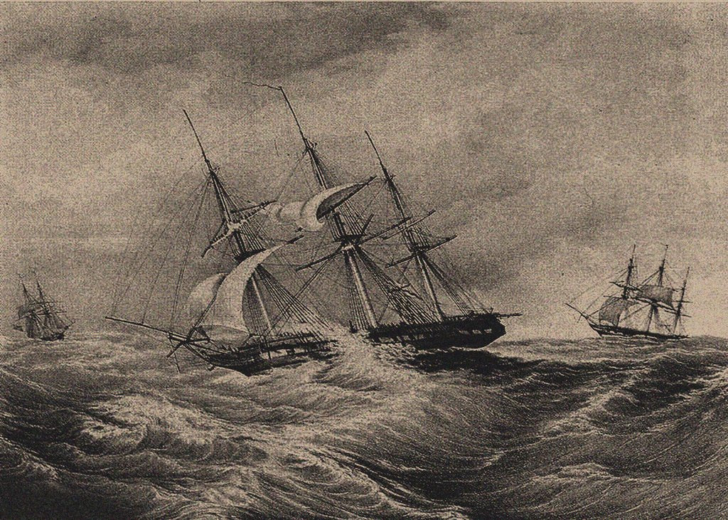Detail of The frigate Kreiser and the sloop Ladoga at the coast of America 1823, 1900s-1910s by Anonymous