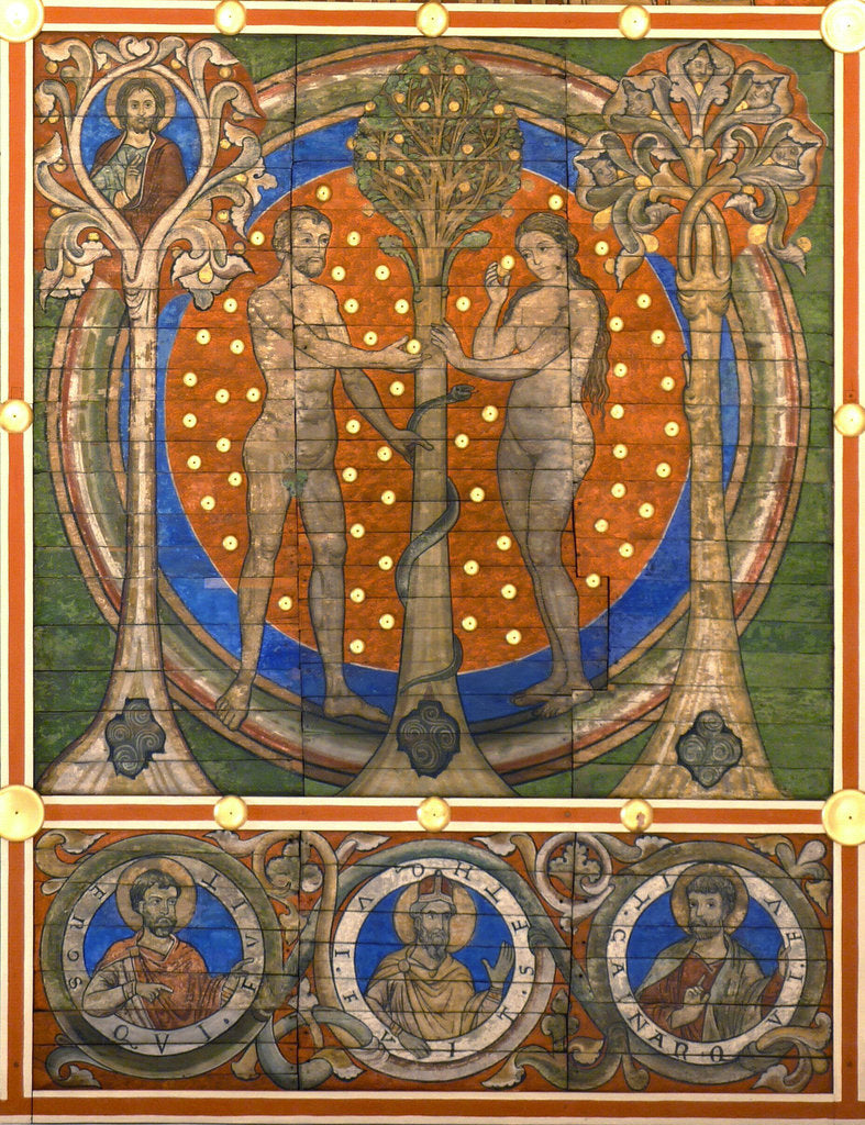 Detail of dam and Eve. Detail of the painted wooden ceiling of the St. Michaels Church, Hildesheim, ca 1230 by Master of Lower Saxony