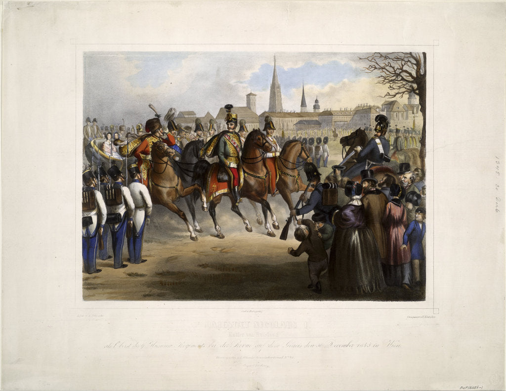 Detail of Nicholas I of Russia as colonel-in-chief of the 9th Hussar Regiment Graf Nádasdy at the Glacis in by Vinzenz Katzler