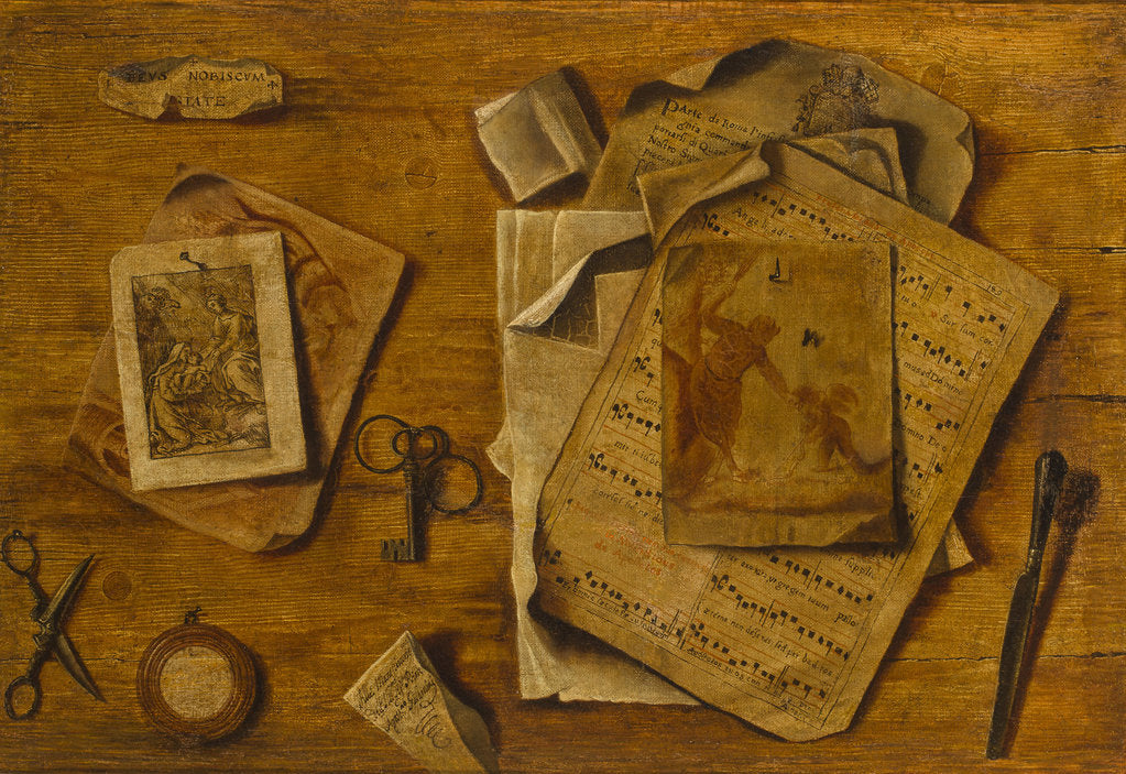 Detail of Trompe-lil with musical score, drawings and keys, c. 1800 by Anonymous