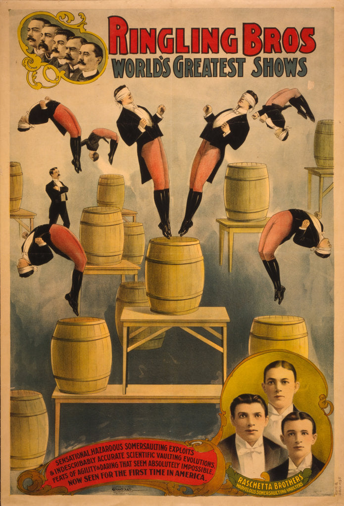 Detail of Ringling Bros, worlds greatest shows Raschetta brothers, marvelous somersaulting vaulters, c. 1900 by Courier Company Lith.