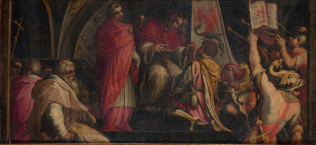Detail of Pope Clement IV hands his insigna to the captains of the Guelph Party, 1563-1565 by Giorgio Vasari