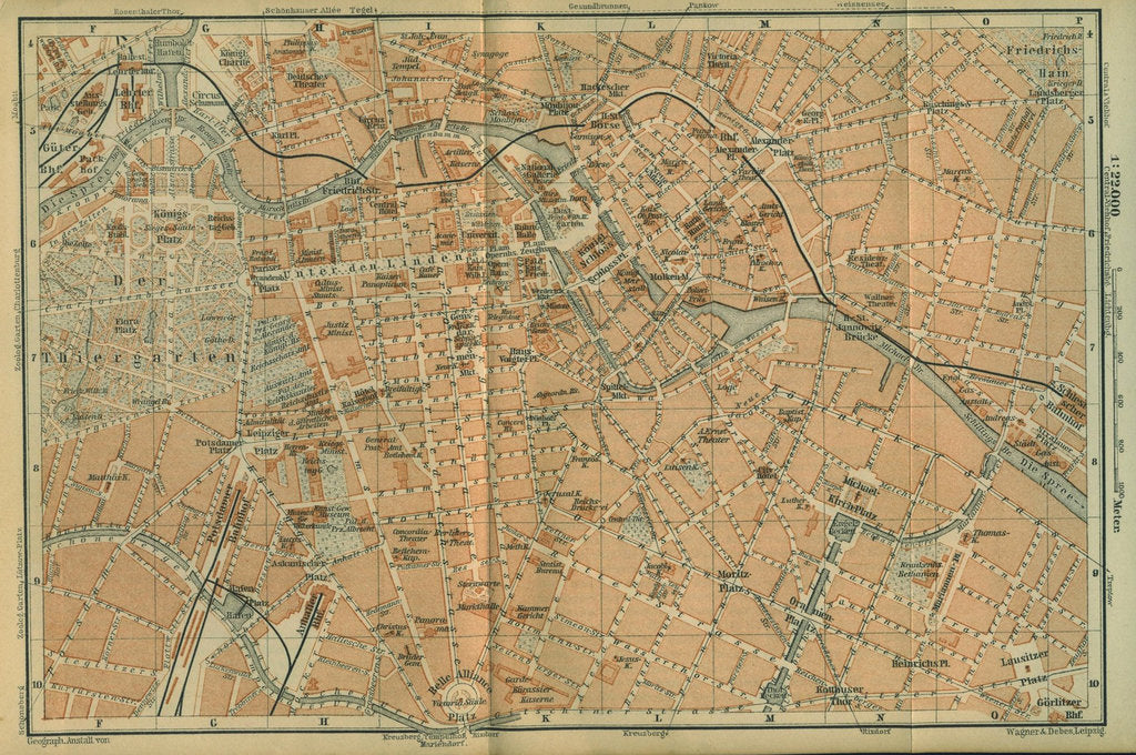 Detail of Map of Berlin Center, from a travel guide Baedekers Northeast Germany, 1892 by Leipzig Wagner & Debes