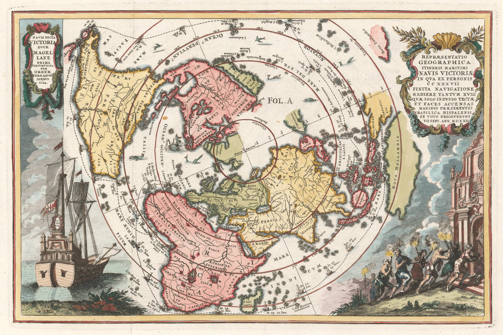 Detail of World map with Magellan?s circumnavigation (From Scherer?s Atlas novus), 1702-1703 by Heinrich Scherer