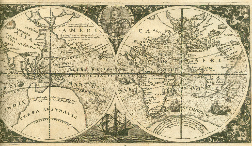 Detail of Title page of Americae Pars VIII (with a portrait of Francis Drake and his ship, the Golden Hind), 1 by Theodor de Bry