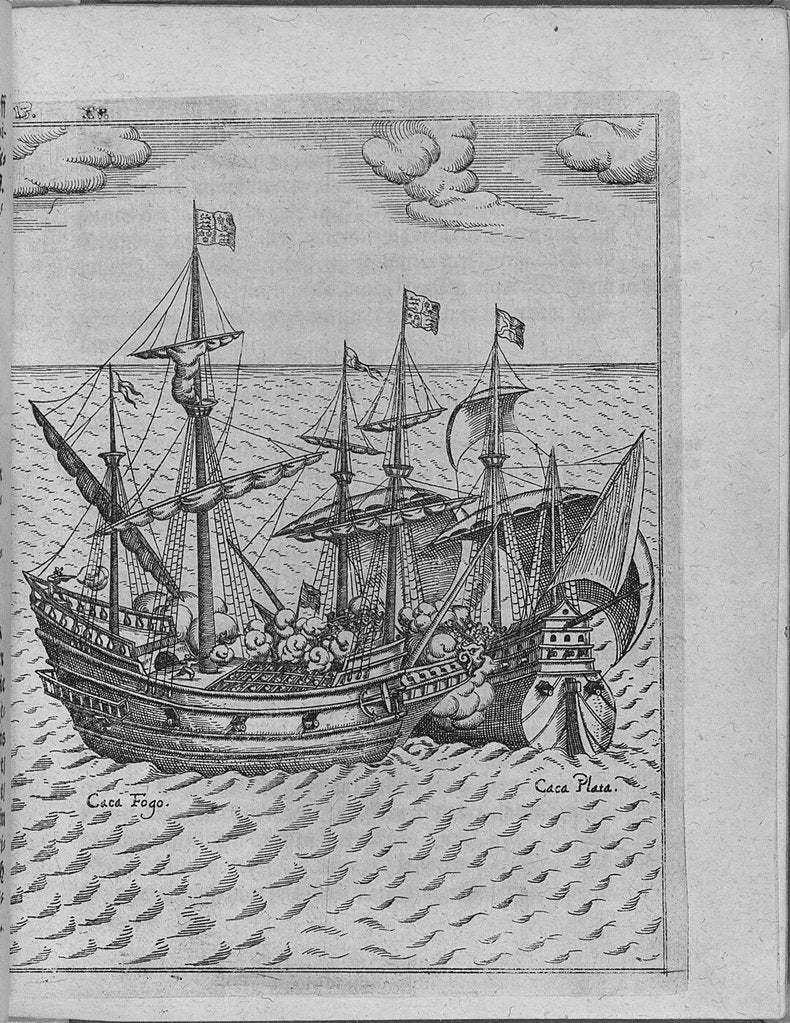 Detail of Battle between Francis Drakes ship Golden Hind and the Spanish ship Cacafuego. (From Levinus Hulsiu by Anonymous