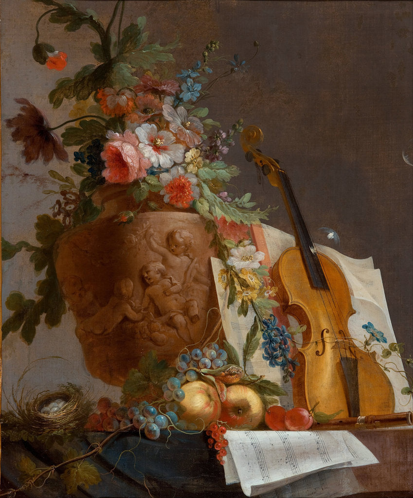 Detail of Still life with flowers and a violin, c. 1750 by Jean-Jacques Bachelier