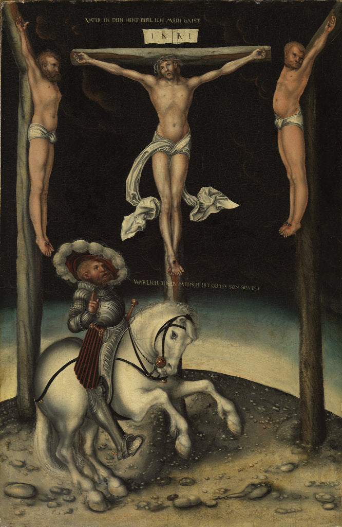 Detail of The centurion Longinus among the crosses of Christ and the two thieves, 1539 by Lucas Cranach the Elder