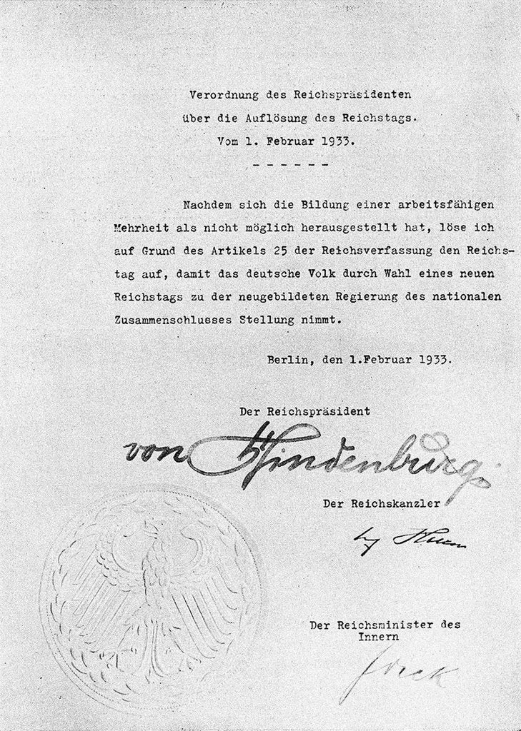 Detail of Decree from Hindenburg ordering dissolution of the Reichstag from 1 February 1933 by Historical Document