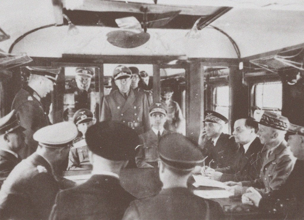 Detail of The German and French delegations inside a railroad car at Compiègne for the signing of Frances sur by Anonymous