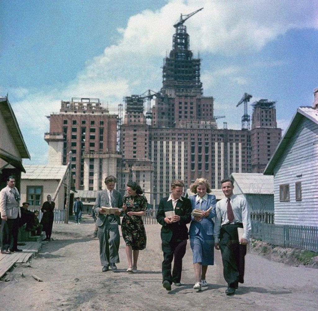 Detail of The construction of the main building of Moscow State University on Lenin Hills by Anonymous