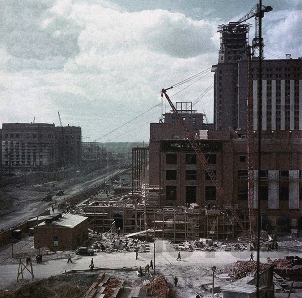 Detail of The construction of the main building of Moscow State University on Lenin Hills by Anonymous
