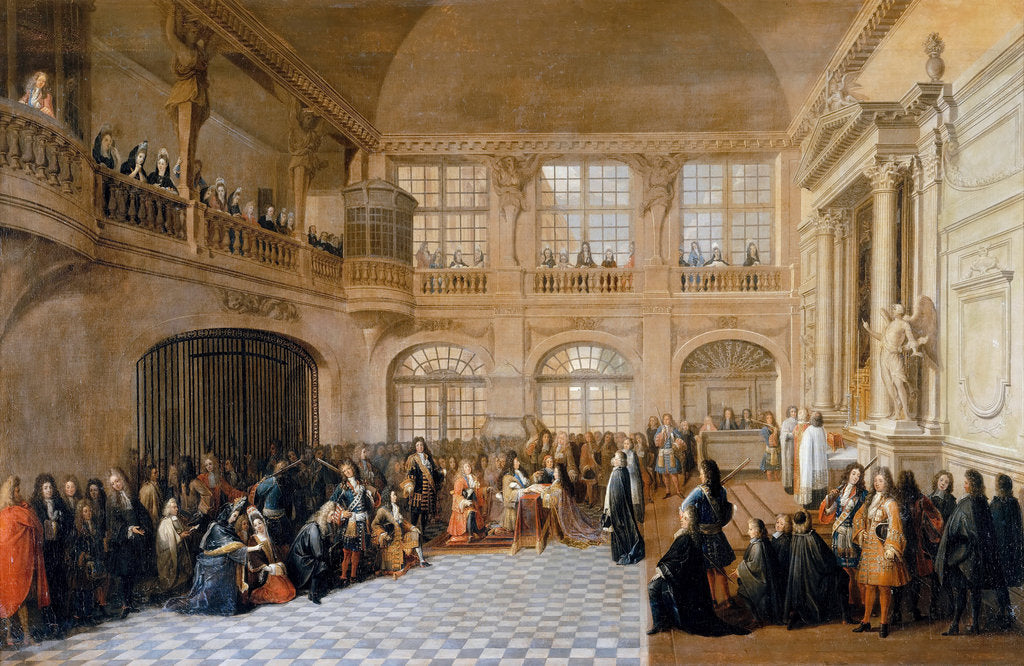 Detail of Louis XIV receiving the oath of the Marquis De Dangeau, Grand Master of the Order of Saint Lazare in by Antoine Pezey