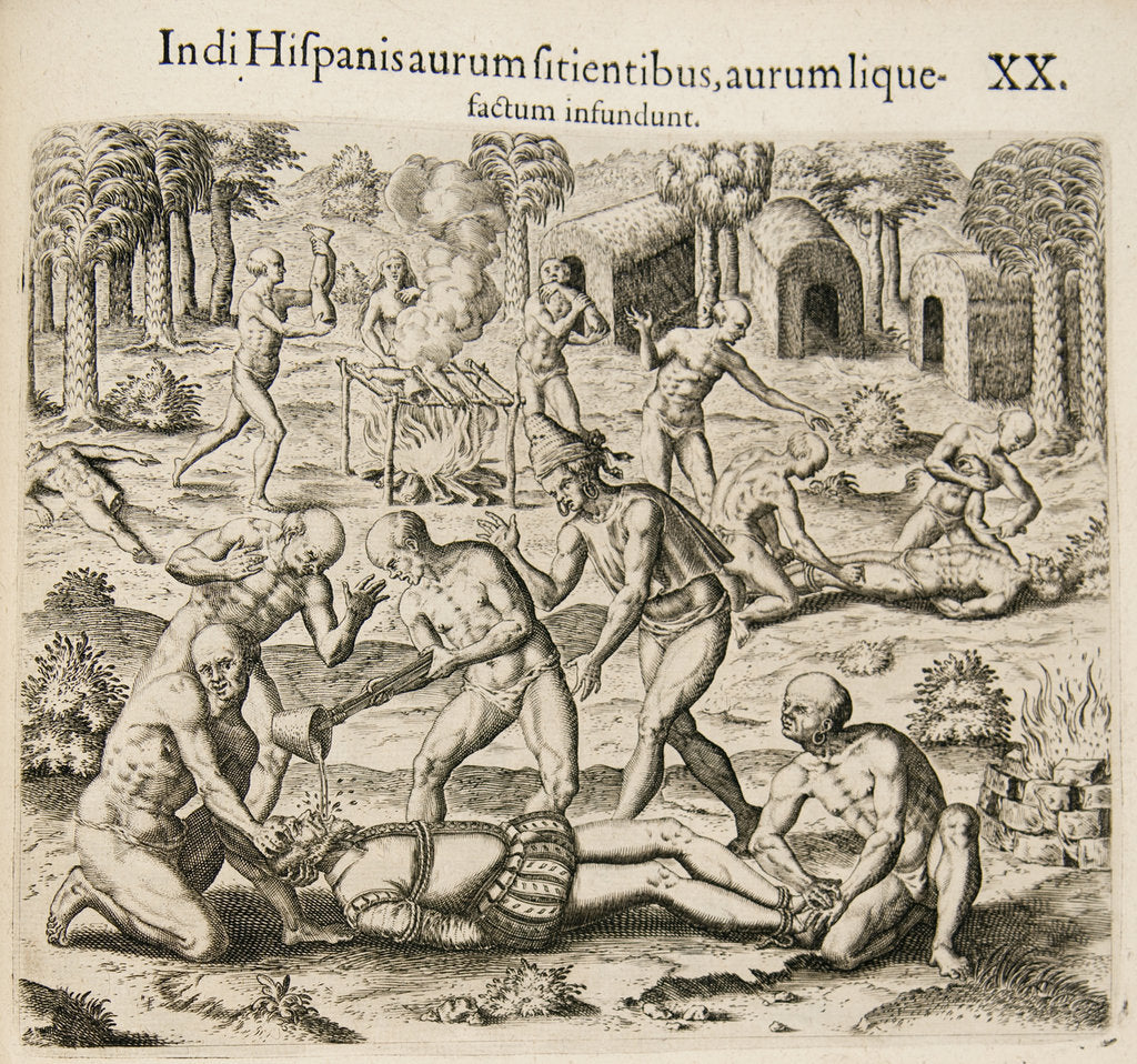 Detail of Because the Spanish thirst for gold, the Indians pour liquid gold into them. by Theodor de Bry