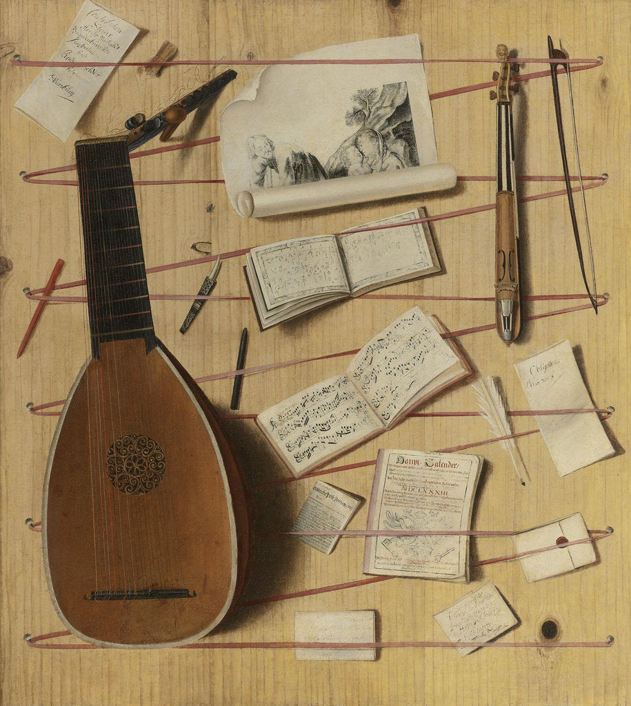Detail of Trompe loeil still life with a lute, rebec and music sheets by Cornelis Norbertus Gijsbrechts