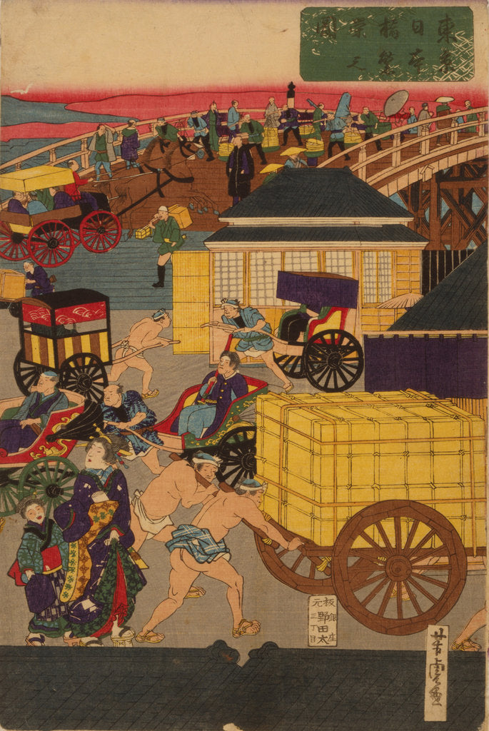 Detail of Flourishing Nihonbashi section of Tokyo. (Tokyo Nihonbashi han ei no zu) Triptych by Utagawa Yoshitora