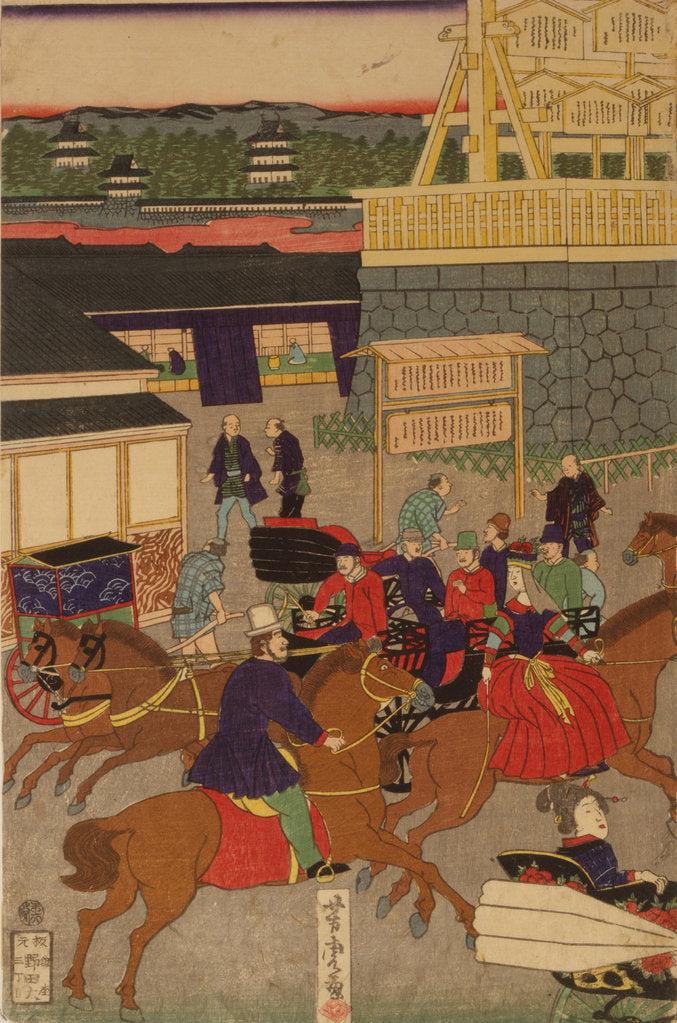 Detail of Flourishing Nihonbashi section of Tokyo. (Tokyo Nihonbashi han ei no zu) Triptych by Utagawa Yoshitora