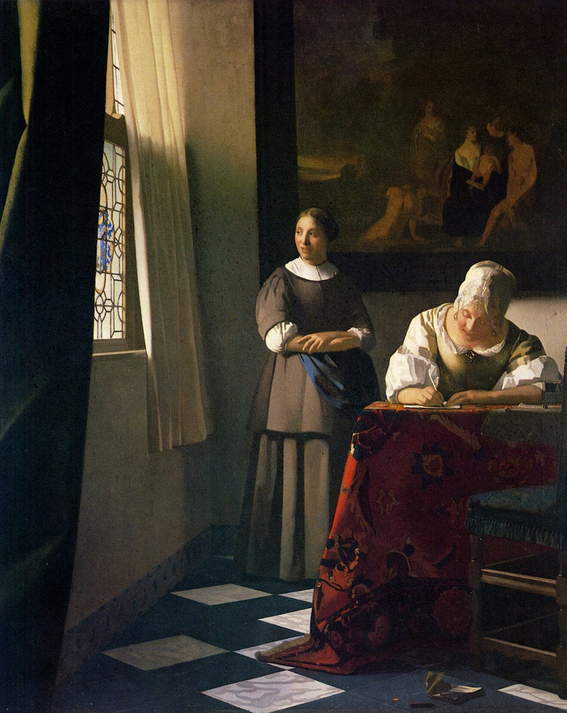 Detail of Lady Writing a Letter with her Maid by Jan Vermeer
