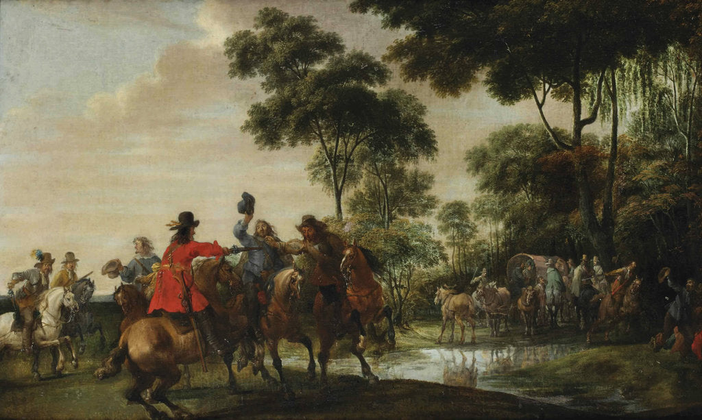 Detail of Highwaymen raiding a tilt car by a forest stream by Pieter Snayers