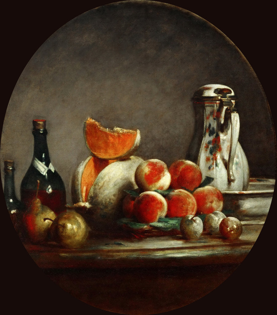 Detail of Melons, pears, peaches and plums, or The cut melon by Jean-Baptiste Siméon Chardin