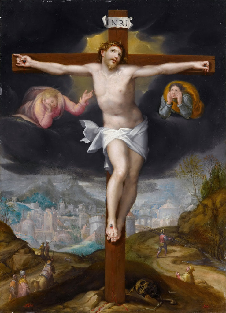 Detail of Christ on the Cross between two angels by Gillis Mostaert