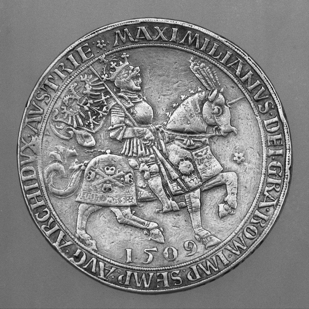 Detail of Emperor Maximilian I on Horseback. Thaler Coin from Hall by Ulrich Ursentaler the Elder