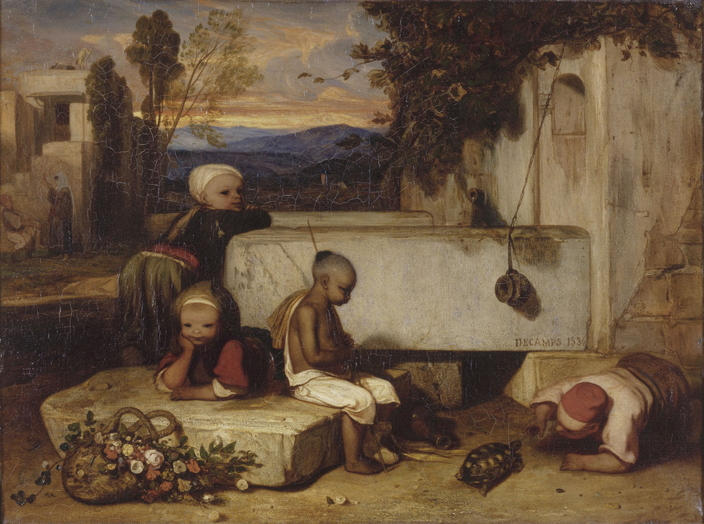 Detail of Turkish children playing with a turtle (Souvenir de la Turquie dAsie) by Alexandre Gabriel Decamps